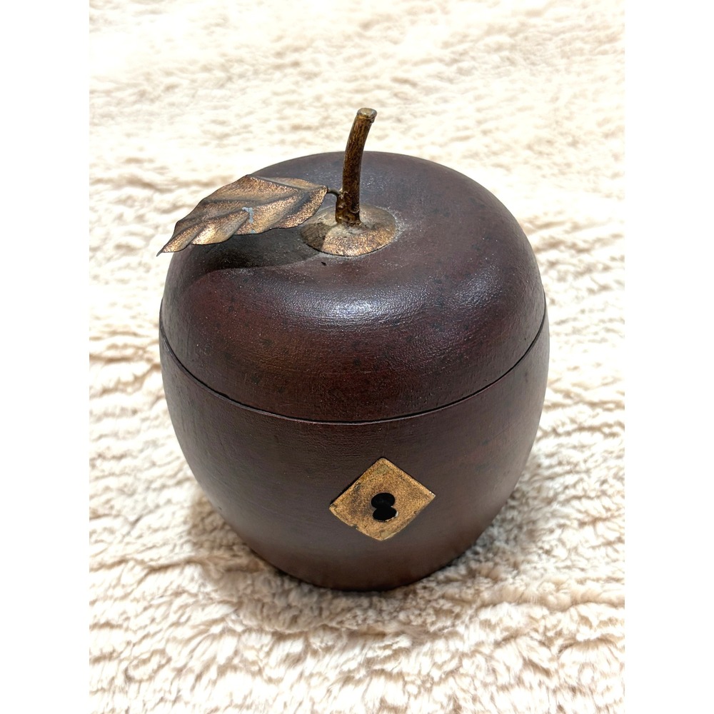 Vintage Antique Carved Wood Apple Lock Box Tea Caddy Brass Keyhole Cottage